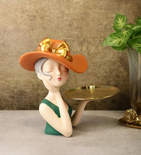 Image of ARMONIA Modern Decorative Sculpture with Detachable Gold Color Tray, Designed by European Designer, Orange Hat and Green Dress
