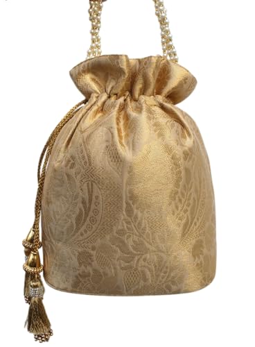 Image of MILAN'S CREATION Banarasi Silk Brocade Potli Bag Purse With Base Drawstring Women's handbag with Pearl Handle & Tassel Weddings