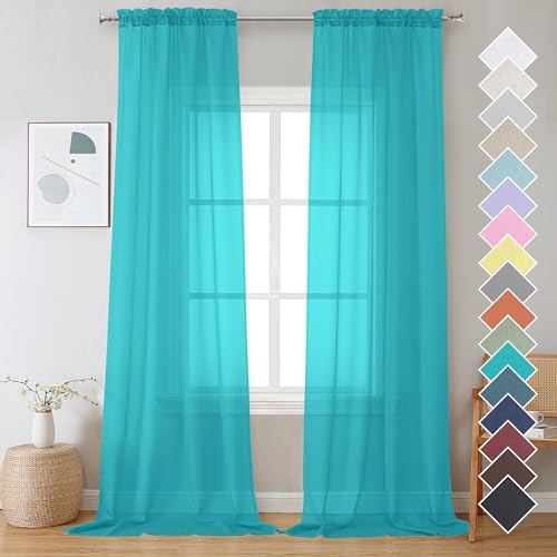 Image of OVZME 2 Panels Sheer Curtains 108 Inches Long, Light Filtering Semi Transparent Lightweight Voile Rod Pocket Window Curtains for for Yard, Patio, Villa, Parlor, W42 x L108, Turquoise