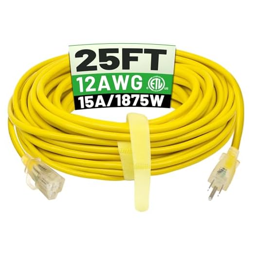 25 ft 12/3 Outdoor Extension Cord Waterproof Heavy Duty with Lighted Indicator End 12 Gauge 3 Prong, Flexible Cold-Resistant Long Power Cord Outside, 15Amp 1875W SJTW Yellow ETL Listed POWGRN