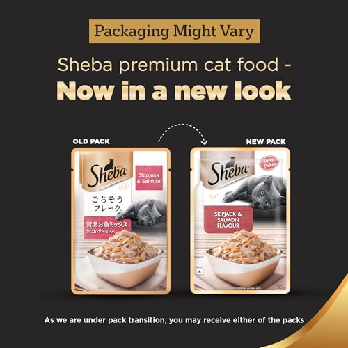 Image of Sheba Premium Wet Cat Food for Adult, Fish Mix (Skipjack & Salmon), 35g Pouch (Pack of 4)