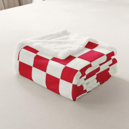 Image of Erosebridal Plaid Throw Blanket Twin 60 inchX80 inch Beige Red Checkerboard Sherpa Blanket Geometric Checkered Fleece Bed Blanket for Kids Boys Girls, Aesthetic Grid Flannel Blanket