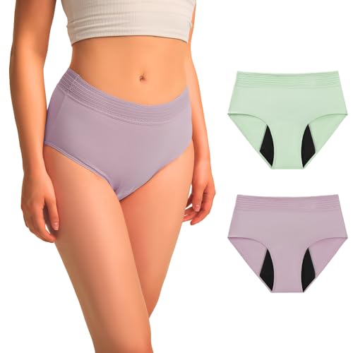 Image of BATTEWA Incontinence Underwear for Women Hi-Waist Leakproof Underwear Postpartum Protective Washable Cotton Full Coverage Absorbency (Blush-Green,2X-Large,2-Pack)