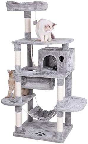 BEWISHOME Cat Tree with Sisal Scratching Posts Perch House Hammock Tunnel, Cat Tower Cat Condo Furniture Kitten Activity Center Pet Play House Kitty Playground, Light Grey MMJ02G