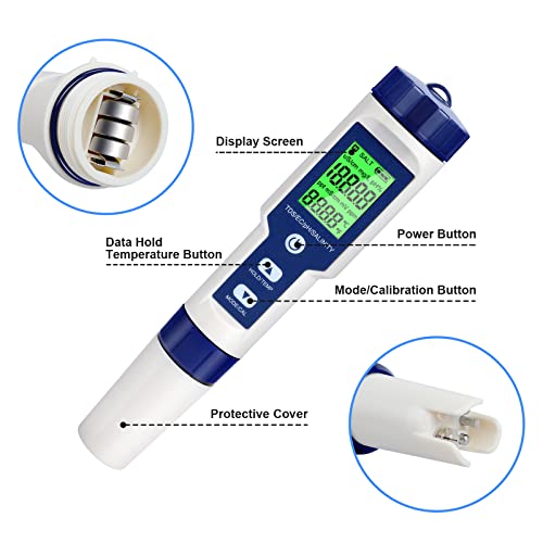 Foto von Cuteefun Digitales PH Messgerät, 5-in-1 Wassertester Mit Hintergrundbeleuchtung, PH/TDS/EC/Salzgehalt/Temp Meter Mit ATC, 0.01 Auflösung, Hochpräziser Stifttyp Tester, für Trinkwasser, Aquarium, Spas