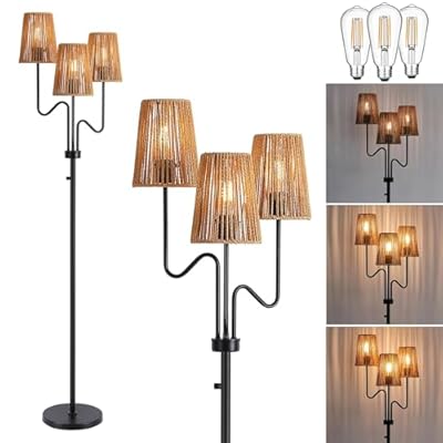 9MMML Farmhouse Boho Dimmable Floor Lamp with Rattan Shade, 68'' Tall Floor Standing Lamp, 3-Light Floor Lamp for Living Room, Bedroom, Office, Corner, 3 x E26 LED Bulb Included