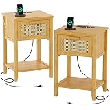 VIAGDO Nightstand with Charging Station, Bamboo End Table with USB Ports & Power Outlets, Bed Side T