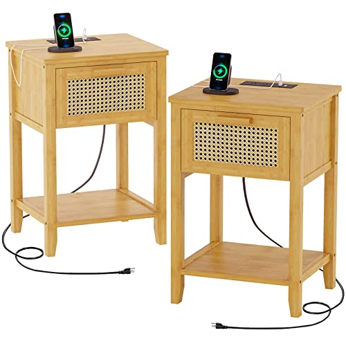 Viagdo Nightstand With Charging Station, Bamboo End Table With Usb Ports & Power Outlets, Bed Side Table With Rattan Drawer, Nightstands Set Of 2 For Bedroom, Living Room, Natural, 2 Pack #TOP29