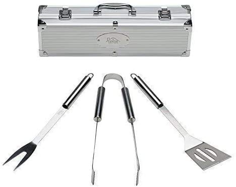 Inllex BBQ Grill Tool Set- 3 Piece Stainless Steel Barbecue Grilling Accessories with Aluminum Case, Including Spatula, Tong & Fork-Perfect Outdoor Grilling kit in Gift Box Packaging
