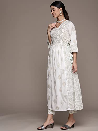 Image of anubhutee Women's Cotton White Floral Printed A-Line Kurta Suit Set With Pants