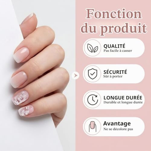 Vesavifaka Ongles Pressés Courts Carrés 24 Pièces, Gradient Nude Blanc avec Fleurs Blanches Argentées, Ongles Artificiels Brillants à Coller, Kit Ongles Fausse Colle Gelée pour Femmes Filles – vue 5