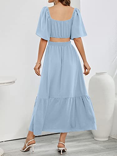 Solersun Women's Causal Summer Cutout Crossover Waist Dresses Square Neck Short Sleeves A-Line Tiered Flowy Long Maxi Dress(Blue,M) #TOP2