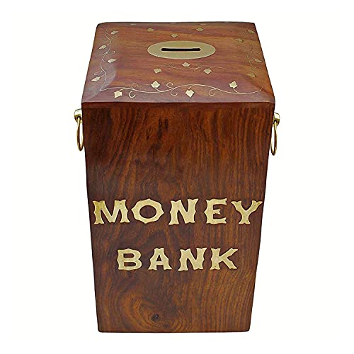 NZA Crafts Wooden Money Bank - Size Large, 8 x 5 inch (Brown)