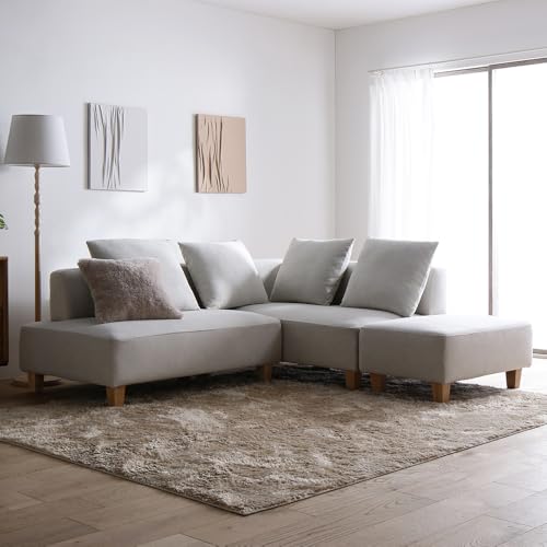 RASIK ソファー カウチ 3人掛け 3点セット (2人掛け+カウチソファ+オットマン) 木脚 アッシュホワイト L字 ポケットコイル 洗えるカバー 脚取り外し可 お客様組立 NAXAM ナザム