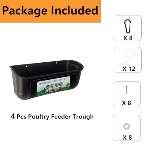 Goat Feeder, Hanging Chicken Feeder, 4 Pack Fence Feed Trough for Deer Sheep Duck Poultry Feeding Container Waterer Bucket with Clips for Livestock