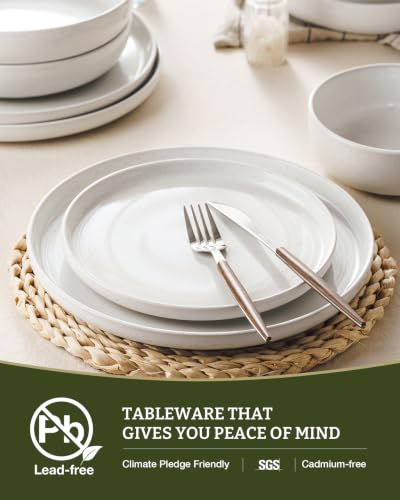 Image of Famiware Milkyway Stoneware Dinnerware Sets with Pasta Bowls, Service for 6 (24 Pieces), Plates and Bowls Sets -Scratch Resistant, Microwave and Dishwasher Safe Dishes Set, White