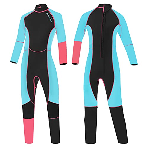 OMGear Kids Wetsuit 3mm Full Suit Neoprene Swimming Suit Long Sleeve Diving Suit Back Zipper Thermal Swimsuit for Children Junior Youth Boys Girls 4-14 Scuba Diving Surfing Snorkeling(Pink&Aqua, 8)