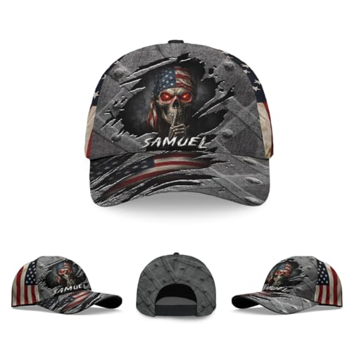 Image of Skull Baseball Cap for Men, Grim Reaper Death Crack Old Metal with Flag, Men's Hat, Adjustable Motorcycle Soft Caps
