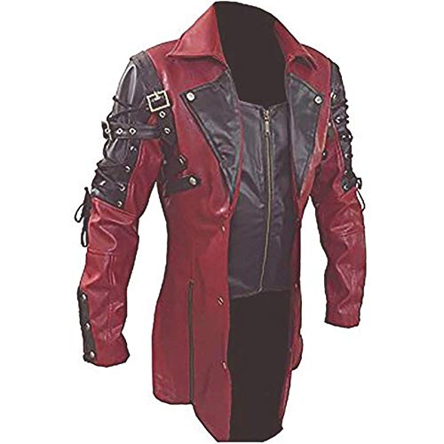 AREENO Men's Sexy RED & Black Real Leathr Coat Goth Matrix Trench