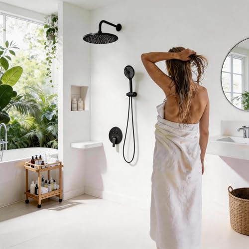 Set de Ducha Eléctrica VANCOCO Negro con Cabezal Redondo de 10 Pulgadas y Rociador de Mano - Sistema Completo de Ducha de Montaje en Pared con Válvula y Accesorios Incluidos (Negro Mate) miniatura 3