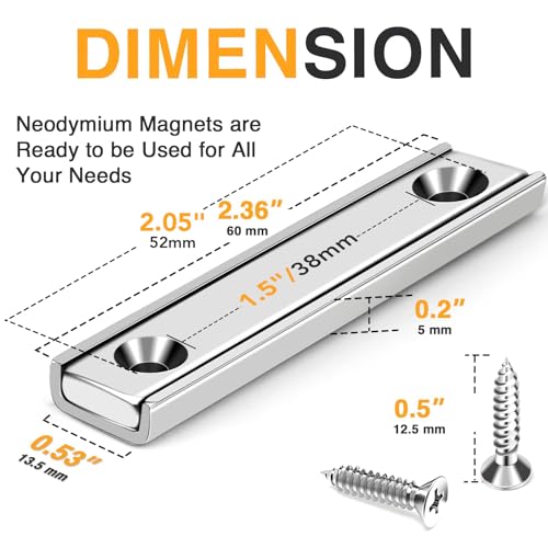 Image of TRYMAG Bar Magnets, 80Lbs 25 Pack Countersunk Hole Magnet with Screw | Silver,Heavy Duty Rare Earth ,Neodymium,Rectangular,for Mounting, Door, Garage, Workplace(60 x 13.5 x 5mm )