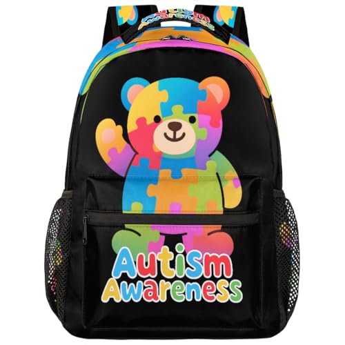 Autism Awareness Bear Kids Backpack for Boys & Girls, School Bag with Laptop Compartment Adjustable Shoulder Straps, Lightweight Travel Bookbag Casual Daypack for Students Teens