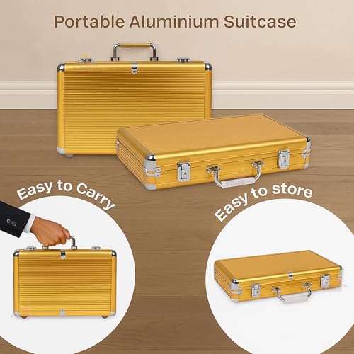 Image of WISHKEY Golden Casino Style Poker Set, 300 Pcs Ceramic Printed Denomination Chips with Lockable Aluminum Finish Case 2 Decks of Cards 5 Dice 1 Dealer Button 2 Keys Classic Multiplayer Game, 14+ Years