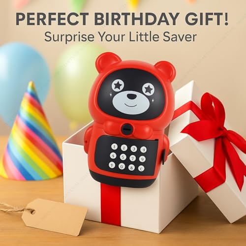 Image of SHAKTISM Cartoon Animal Money Storage Tank for Kids,Electronic Piggy Bank with Music, Keypad & Story Function Secure Coin Bank Safe for Boys & Girls (Bear Design Red)