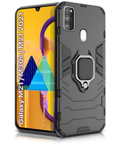 Image of WOW IMAGINE Shock Proof Back Case Mobile Cover for Samsung Galaxy M21 | M30s | M21 2021 Edition (Armor | Hybrid PC + TPU | Full Protection with Ring Holder Kickstand | Carbon Black)