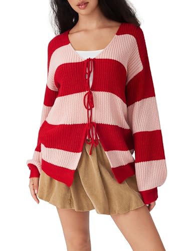 CIDER Cardigan Sweater for Women Tie Front Striped Long Sleeve V Neck Cute Y2k Fall Trendy Outfits2