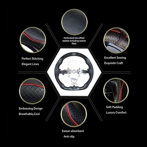 Image of KMH Premium Black Steering Wheel Compatible with Mahindra Old Thar 3 Door - Sporty Look, Enhanced Grip & Fit Plug and Play Car Interior Accessories (Real Carbon with LED)