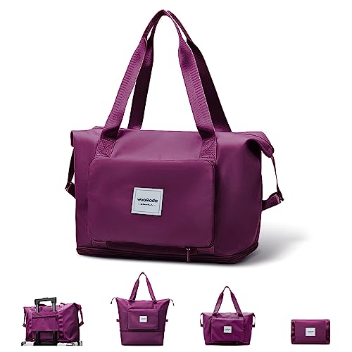 WOOMADA Foldable Travel Duffel Bag, Weekender Bags for Women, Tote Bag with Expandable Space, Carry on bags for airplanes with Wet Pocket & Trolley Sleeve, Gym Bag for Women, Lightweight (purple)