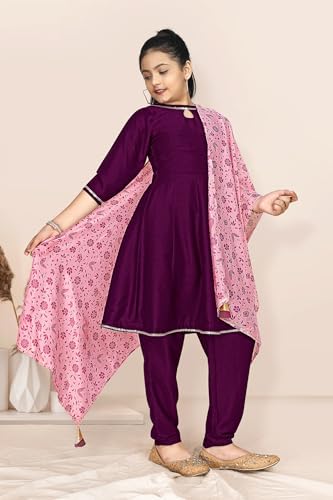 Image of Fashion Dream Girl's Chinnon Fabric Kurta Pant And Dupatta Set (Wine 5-6 Year)