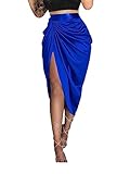 Vrtige Women's Satin Silk Ruched Asymmetrical Split Thigh High Waist Bodycon Midi Skirt Royal Blue Small