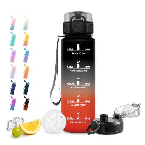 JAPORIA Botella Agua Deportiva 1L, Botella Motivacional, sin BPA, Cantimplora con Filtro para Escuela, Oficina, Sport, Yoga, Gimnasio
