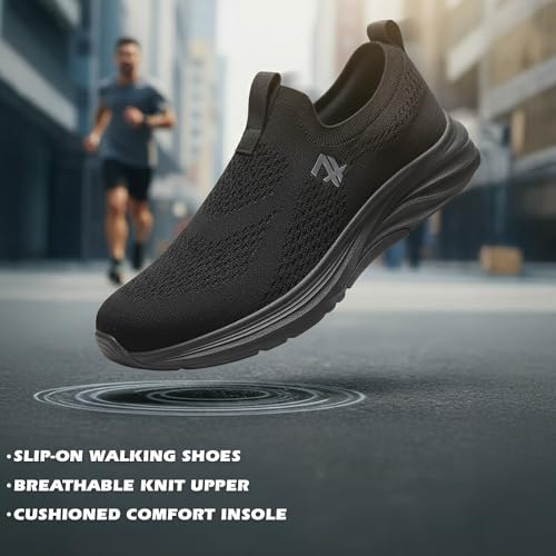 Image of Liberty LEAP7X ULTRASTEPE Walking Shoes for Men - Black & Dark Grey Slip-On Sneakers | Memory Foam Cushioned Insole, Lightweight Knit-Mesh Shoes for Daily Walking, Commute, College & Casual Wear