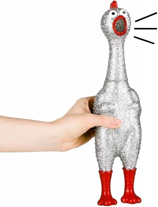 Large 13.5" Sparkle Glitter Rubber Squeeze Chicken with a Long Funny Squeaky Sound (Gold - Silver) Glitter Shiny Funny Gag Prank Chicken Prop (1 Silver Chicken)