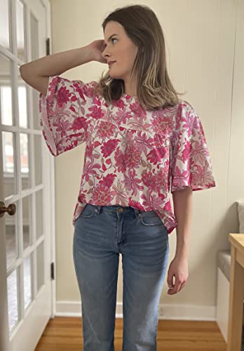 Luvamia 2023 Women's Floral Boho Babydoll Flowy Top - Dressy Casual Bell Sleeve Shirt, Summer Maternity, Hot Pink, Size Medium #TOP6