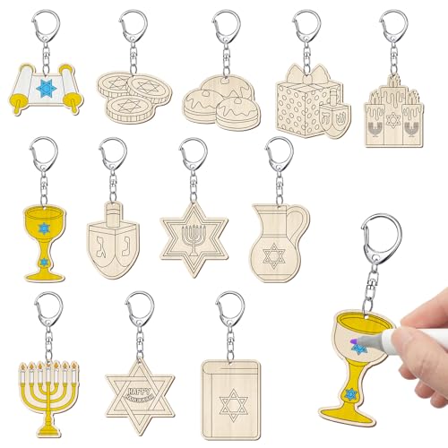Trnayi 36 Pcs Hanukkah Crafts Color Your Own Wooden Hanukkah Menorah Keychains DIY Unfinished Unfinished Blank Wood Chanukah Dreidel Star Ornaments to Paint for Christmas Holiday Jewish Party Favors