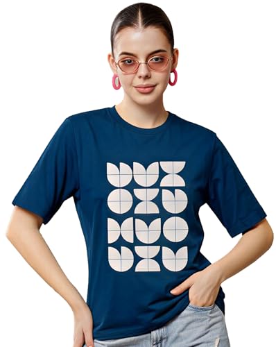 Image of Women's Typography Round Neck Cotton-Blend T-Shirts, Oversized Drop Shoulder Boho Style T-Shirt