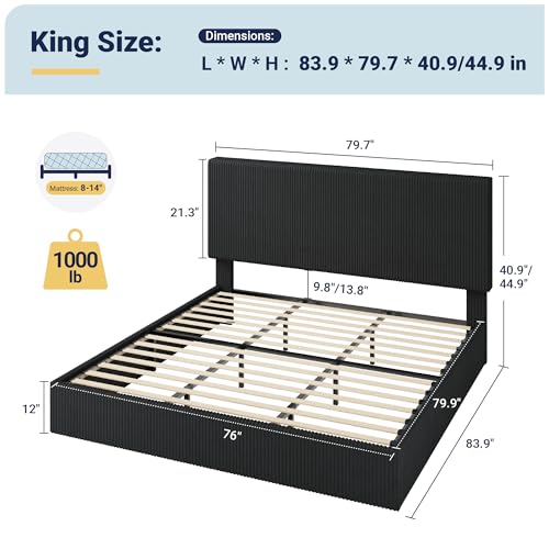 Image of Allewie King Bed Frame, Adjustable Corduroy Headboard, Platform, Black | Adjustable Headboard, Corduroy Fabric, Low Profile, Wooden Slats, 1000 lb Capacity, No Box Spring Needed