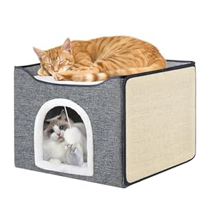 Purr&Knead Cat Bed for Indoor Cats with Large Replaceable Scratch Pad, Cat Cave with Hanging Toy Ball, Foldable Cat Hideaway, Covered Cat Bed Cave for Cat House(Grey)