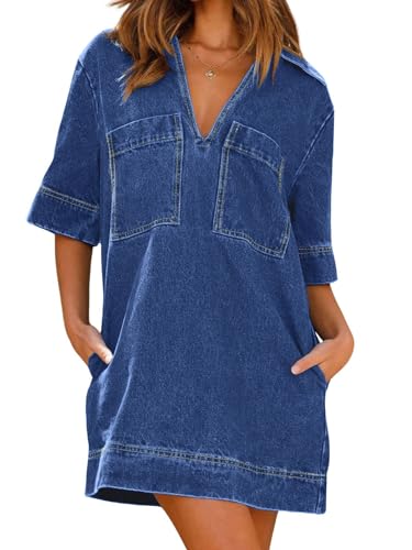 CHARTOU Damen Jeanskleid, locker, kurze Ärmel, lässiges Sommerkleid, Umlege-Pullover, Vintage-Tunika, Jeanskleid, Blau, XX-Large