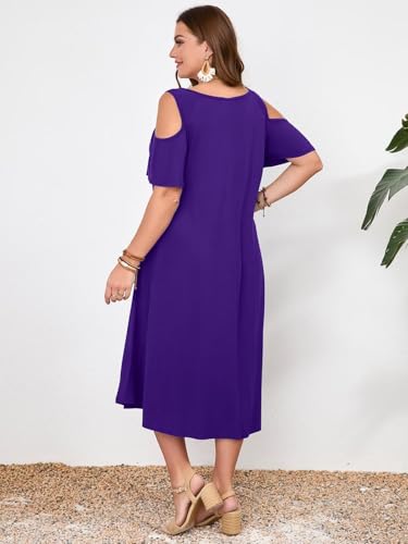 Image of LARACE Plus Size Women Dress for Summer, Midi Women's Sundress, Casual V-Neck Short Sleeve Flowy T-Shirt Dresses with Pockets