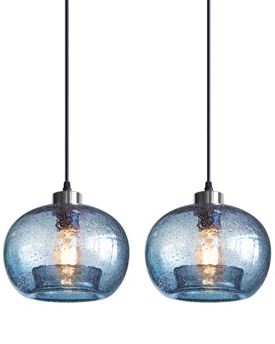 Image of CASAMOTION Hand Blown Glass Pendant Lights Kitchen Island Marble Blue Color Modern Rustic Style Ceiling Hanging Light Fixtures Dining Room Brushed Nickel 8.7 Inch Diameter 2 Pack