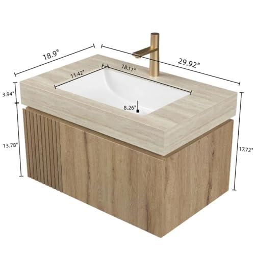 Image of 30 inch Bathroom Vanity with Sink, Wall-Mounted Plywood Bathroom Storage Cabinet with Ceramic Basin & Sintered Stone Countertop, Modern Pre-Assembled Floating Vanity with Drawer & Door, Oak