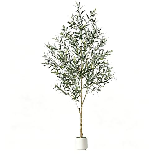 BESTONE Artificial Olive Tree with Elegant White Pot Realistic Faux Plant for Indoor/Outdoor Use Natural Wood Trunk & Faux Fruits - Modern Floor Decor for Home Office Living Room 242cm