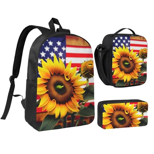 YQxwJL Mochila de 3 piezas con estampado de girasol y bandera americana con fiambrera, estuche para lápices, para viajes, trabajo, camping, unisex