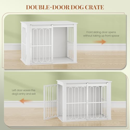 HEXCELEN Hundekäfig-Möbel aus Holz, 81 cm Hundebox für Zuhause, Hundekäfig mit 2 Türen, Schiebetüren, für Kleine, Mittlere Hunde, Robuster, Beistelltisch, 81 × 55 × 62,4 cm, Weiß