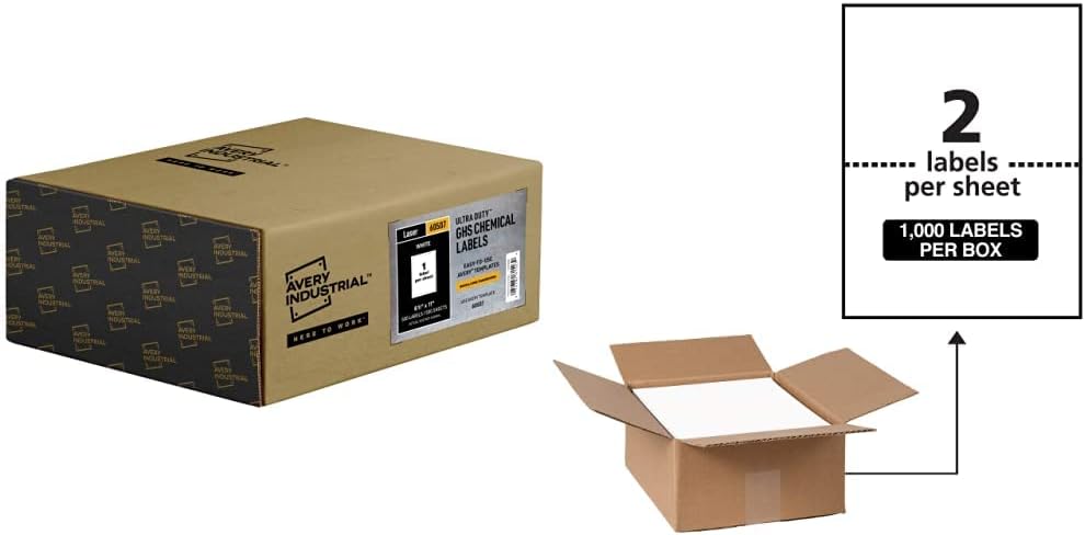 Avery UltraDuty GHS Chemical Labels for Laser Printers, Waterproof, UV Resistant, 8.5" x 11", 500 Pk & Waterproof Labels, Ultrahold Adhesive, 5.5" x 8.5", Case of 1,000